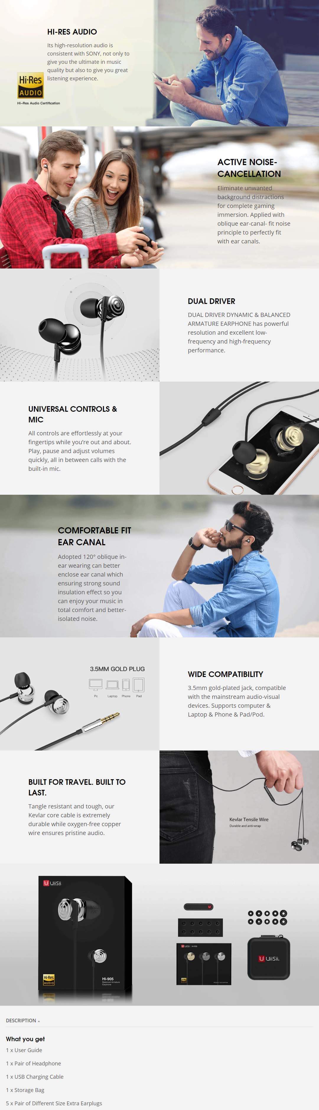 UiiSii Hi-905 Wired In-ear Earphone with Metal Dual Drivers &Hi-Res SOP