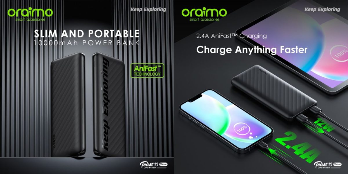 oraimo Toast 10 Flash OPB-P118D 10000mAh 2.4A Max Fast Charging Portable Power Bank